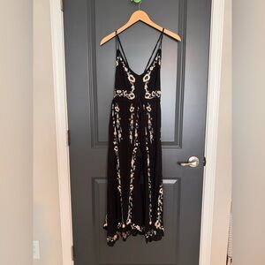 Free People Beach Black Embroidered Strappy Midi Dress Small Boho Tassel